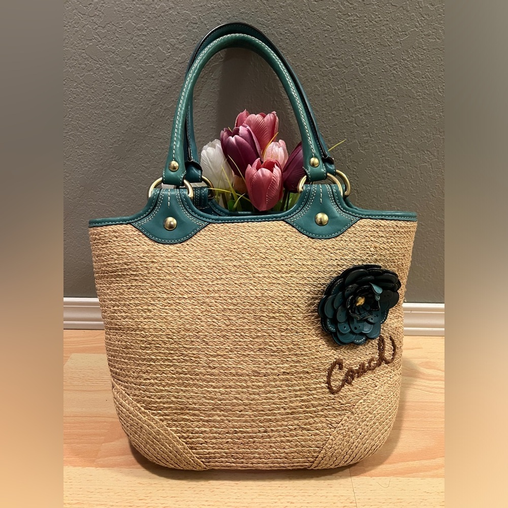 Coach Straw Tote with Teal Accents
